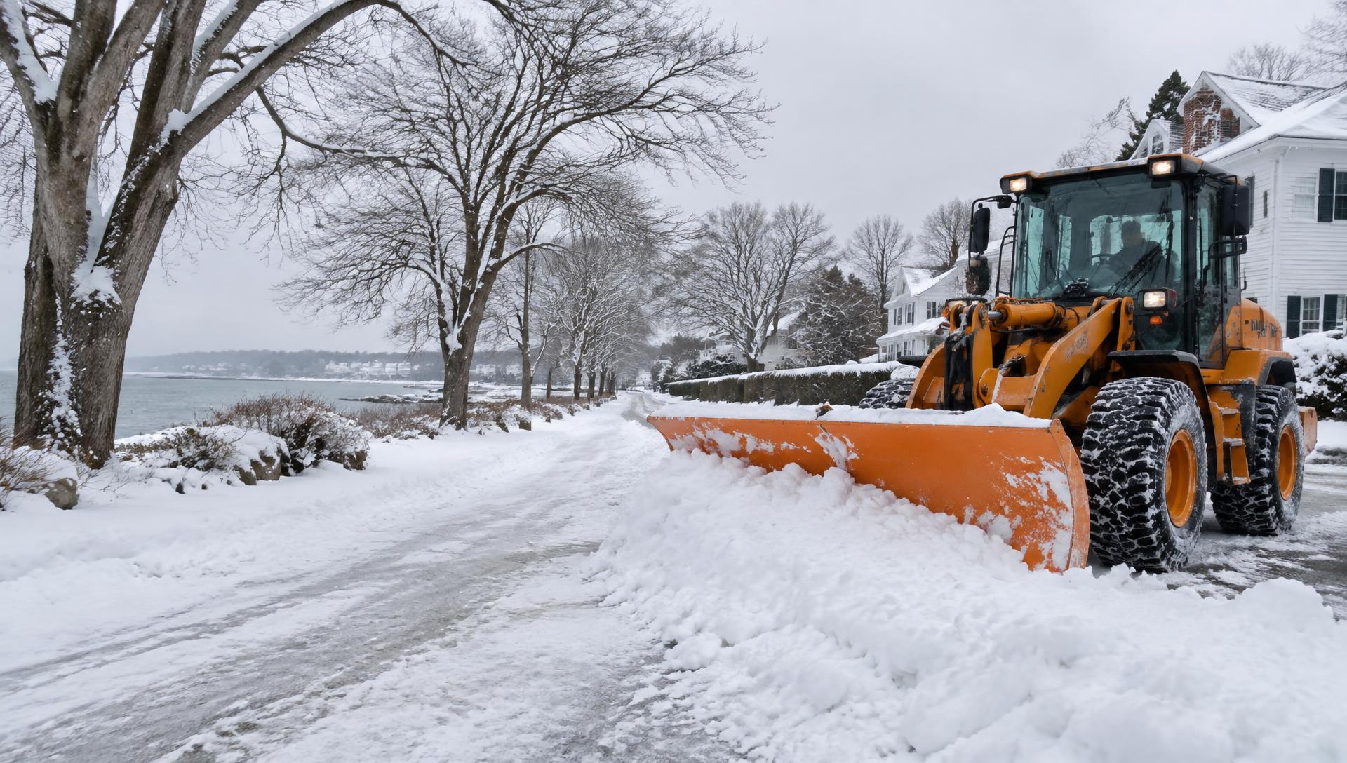 Orange snowplow loader clearing a snowy New England neighborhood road